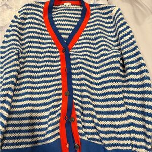 KULE Breton Stripe Cardigan – Blue Cream Nautical Sweater – Size S